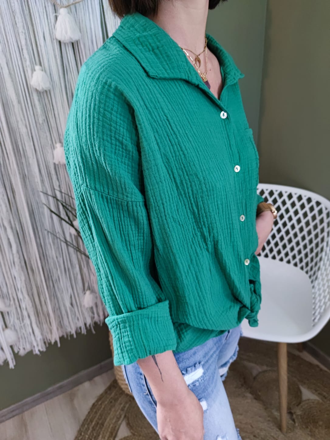 Chemise nouée en gaze de coton - verte