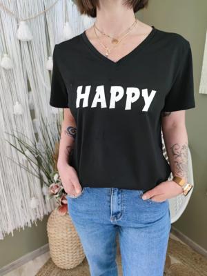  T-shirt col V "HAPPY" - noir 