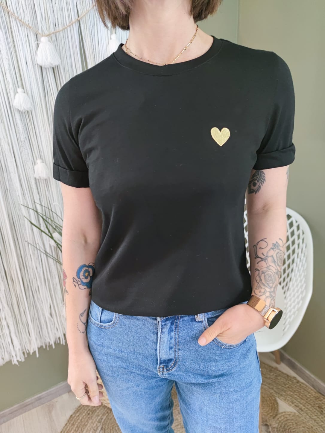 T-shirt cœur doré brodé - noir 