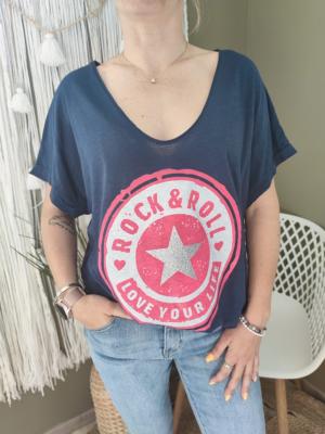  T-shirt ETOILE "Rock&Roll" - bleu marine/fuchsia 