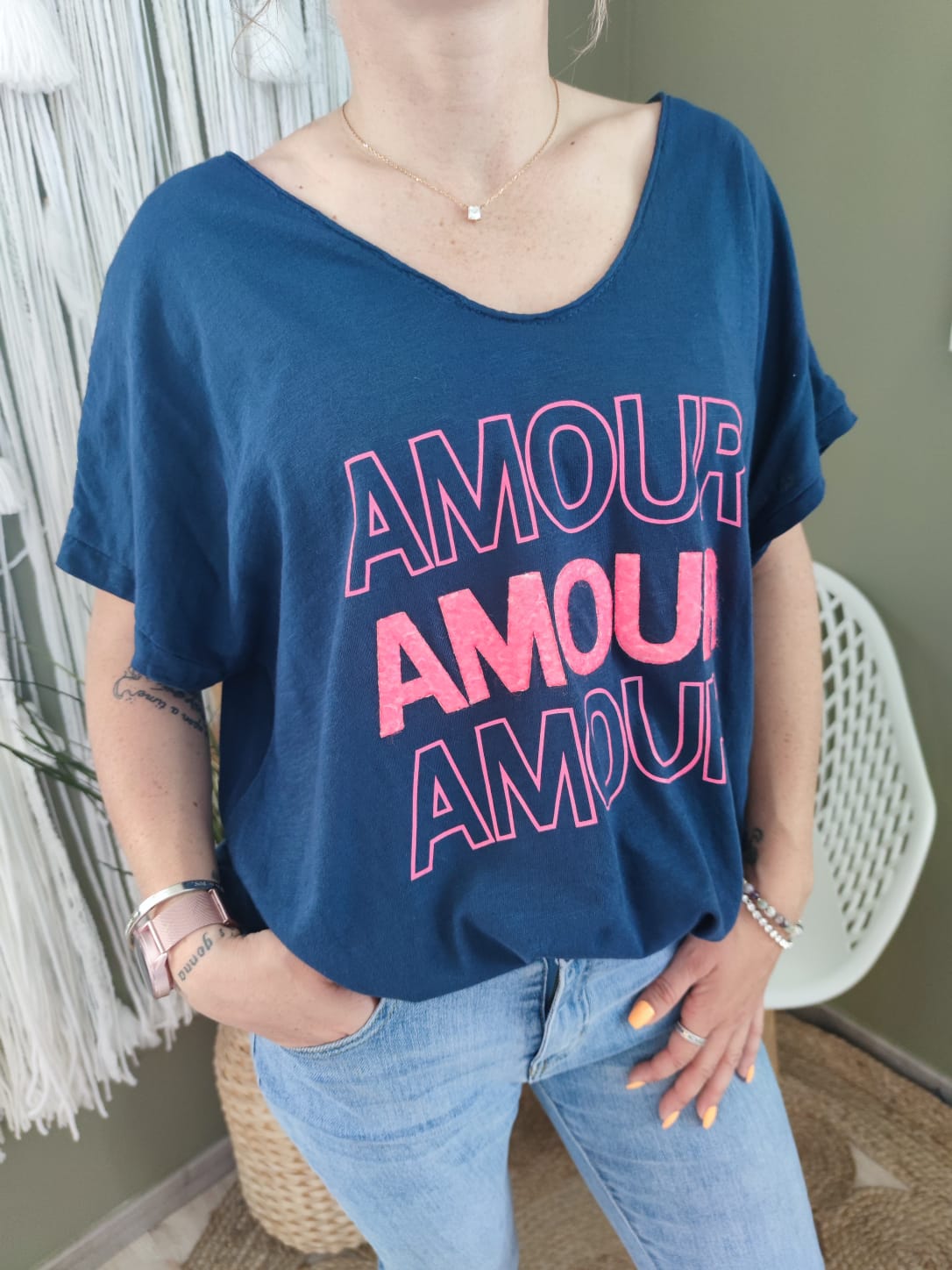  T-shirt "AMOUR" - bleu marine / fuchsia 