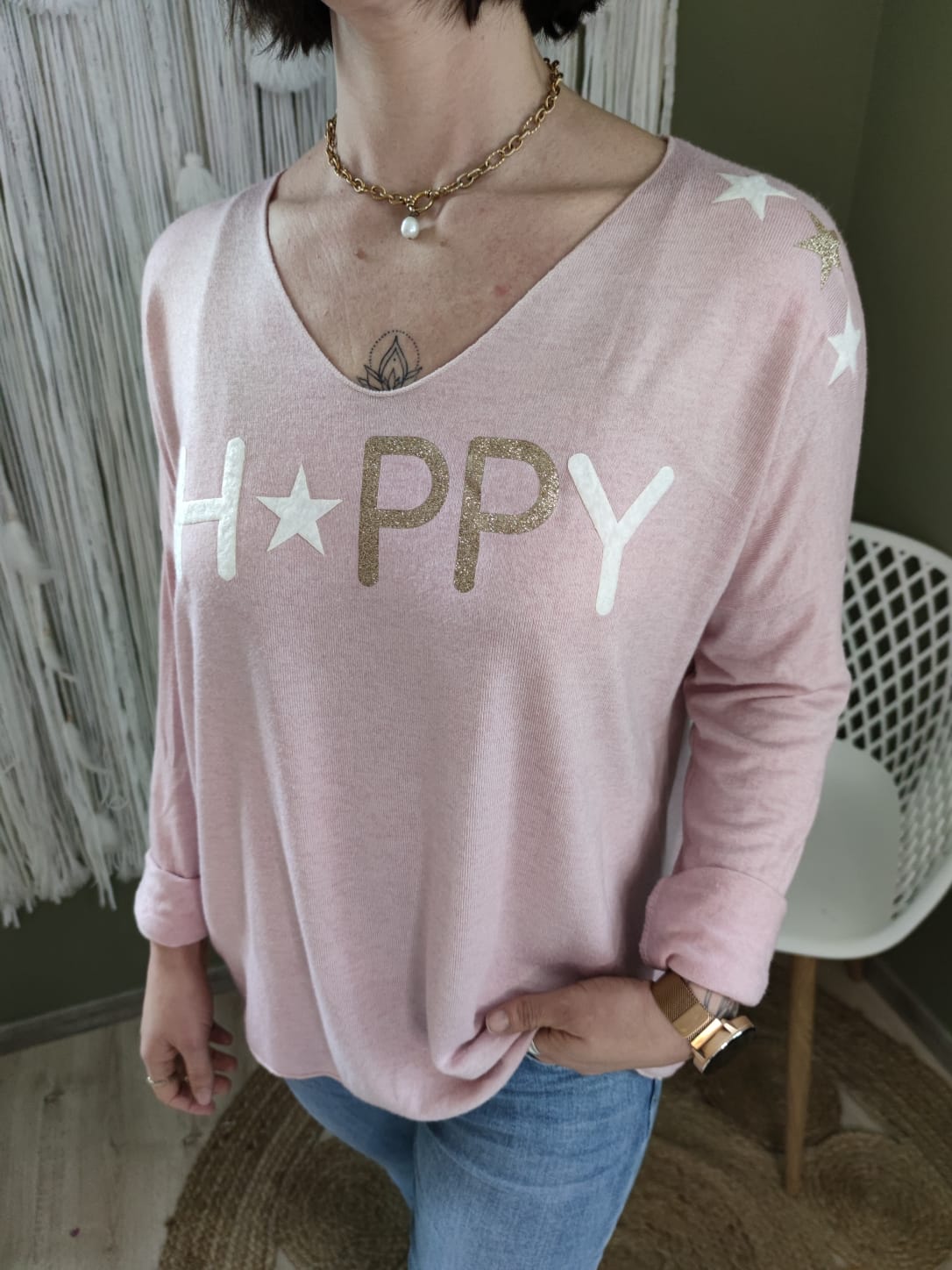 Pull loose "HAPPY" - rose pâle 