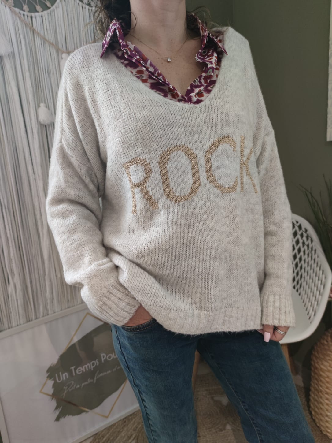 Pull oversize "ROCK" - gris chiné 