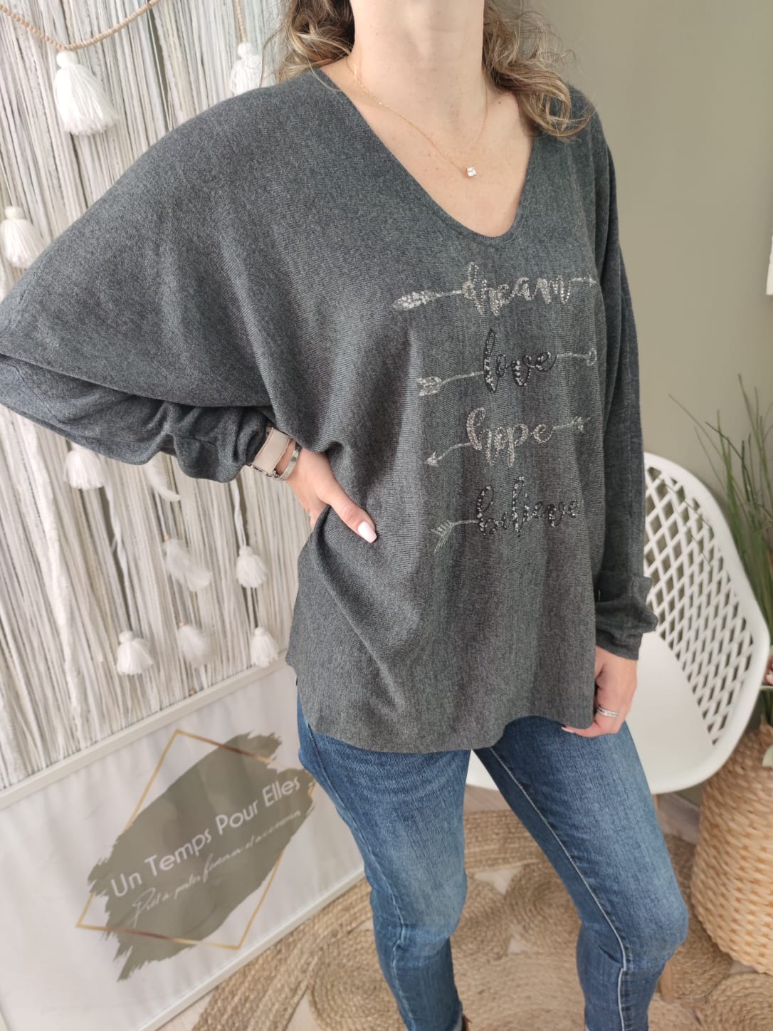 Pull coupe oversize "dream love hope believe" - gris 