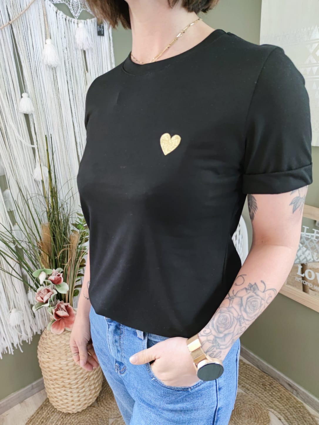  T-shirt cœur doré brodé - noir 