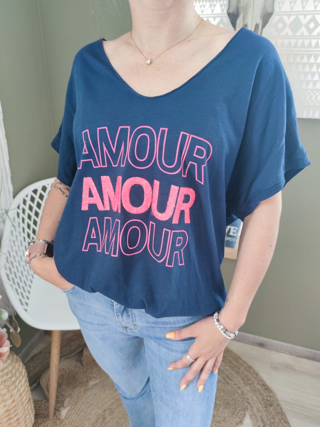  T-shirt "AMOUR" - bleu marine / fuchsia 