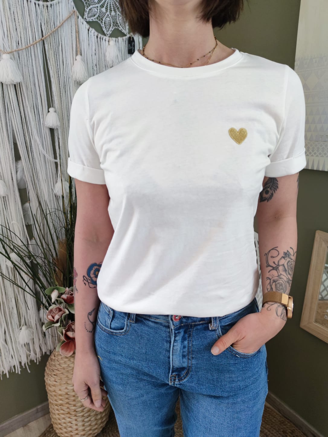 T-shirt cœur doré brodé - blanc