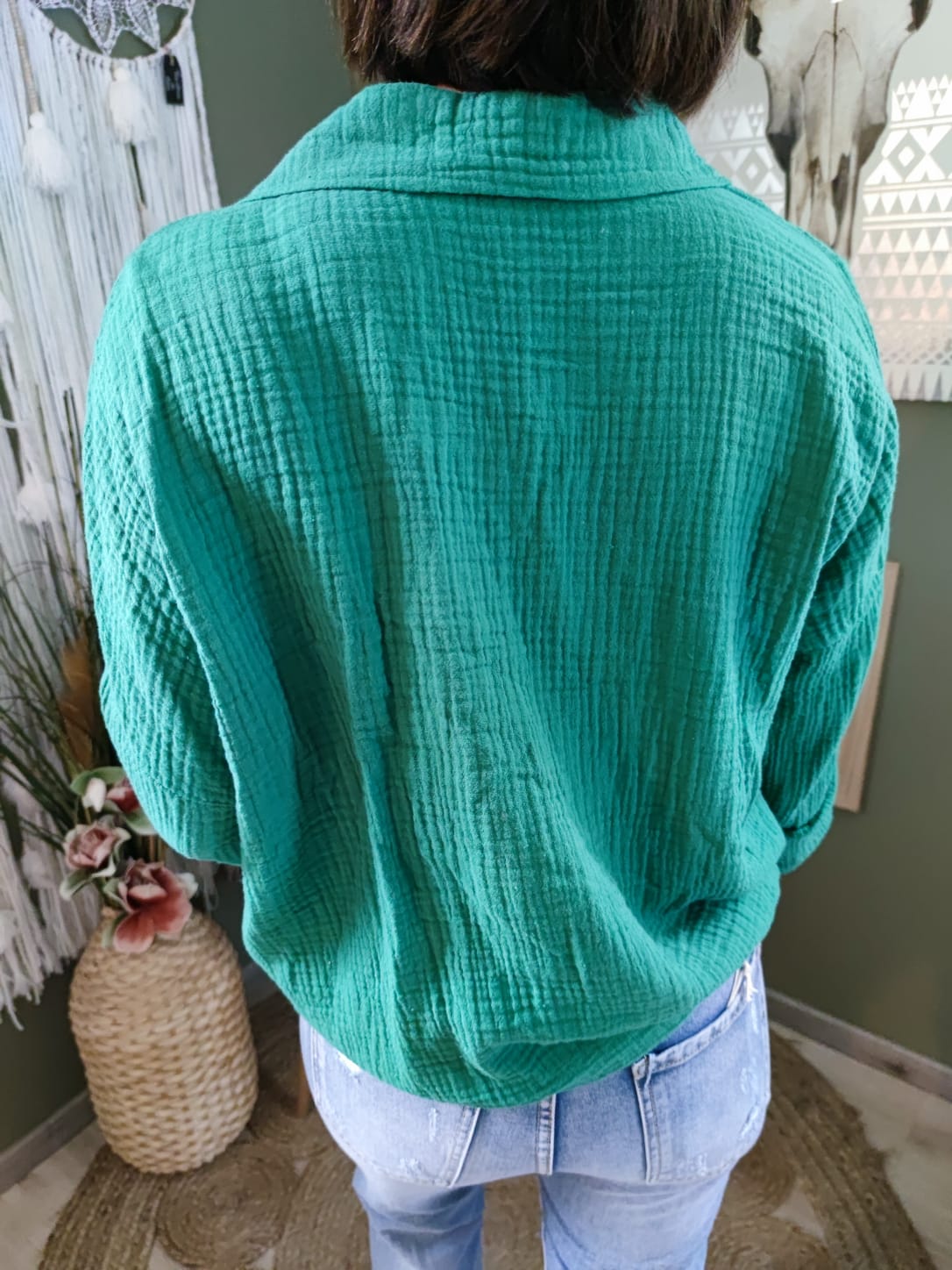 Chemise nouée en gaze de coton - verte