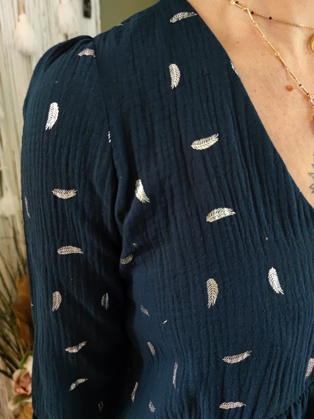 Robe "plumes" en gaze de coton - bleu marine 